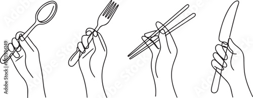 set of one line drawing of hands holding cutlery. Spoon, fork, chopsticks and table knife.one line vector illustration with white background