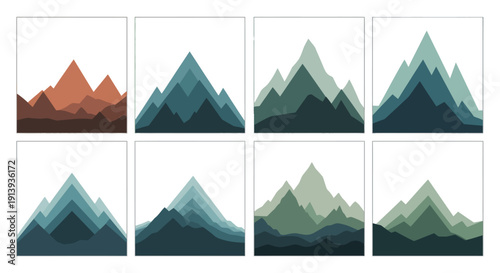 A collection of eight abstract mountain landscape prints featuring layered shapes on transparent background silhouette high quality professional detailed