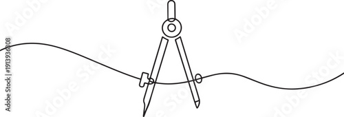 Single continuous line drawing of spring bow compass for drawing circle. Back to school minimalist style.one line vector illustration with white background