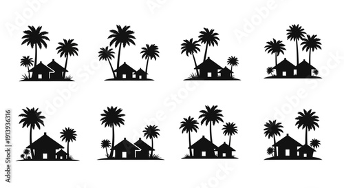 A collection of tropical island huts with palm trees in a minimalist black silhouette on transparent background high quality