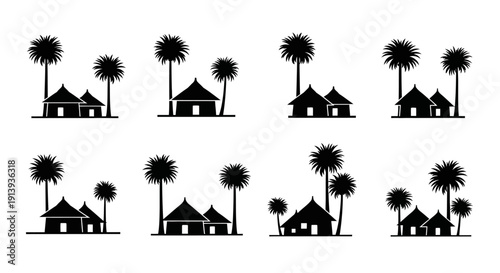 A collection of tropical huts with palm trees arranged in a grid pattern on transparent background silhouette high quality
