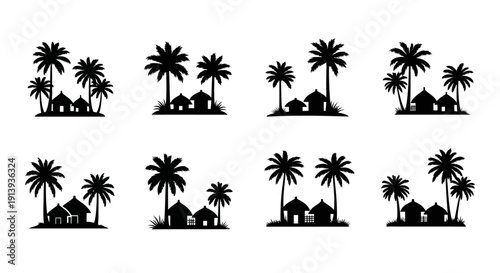 A collection of tropical island scenes featuring palm trees and small huts ideal for design work on transparent background silhouette