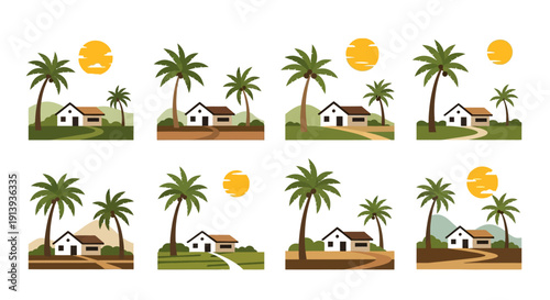 A collection of tropical island scenes with houses palm trees and suns on transparent background silhouette high quality professional