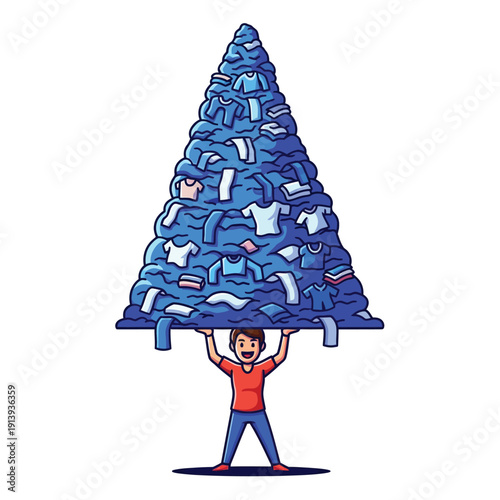 Overwhelmed Man Lifting Giant Pile of Dirty Laundry Clothes. Domestic Chores Burden, Housework Overload Concept Illustration.