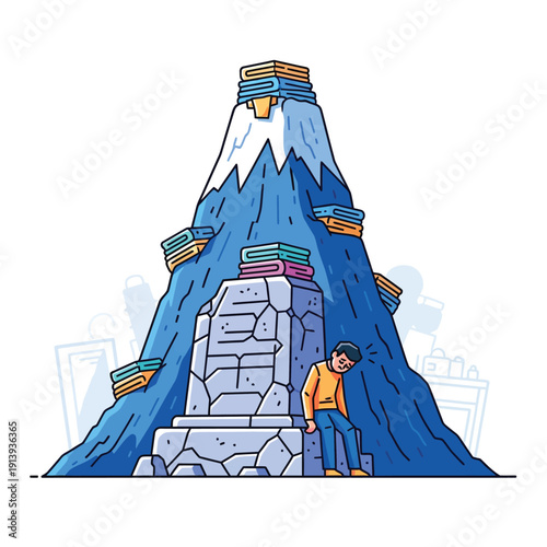 Stressed man facing the daunting Laundry Mountain, symbolizing massive chore burden, domestic overload, and never-ending household tasks.