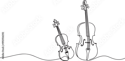 Violin and cello in one continuous line drawing. String musical instrument for orchestra and concert banner in simple linear style.one line vector illustration with white background.