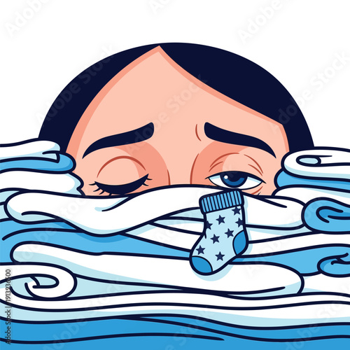 Stressed Person Overwhelmed by Huge Piles of Laundry and Domestic Chores, Searching for a Missing Single Sock.