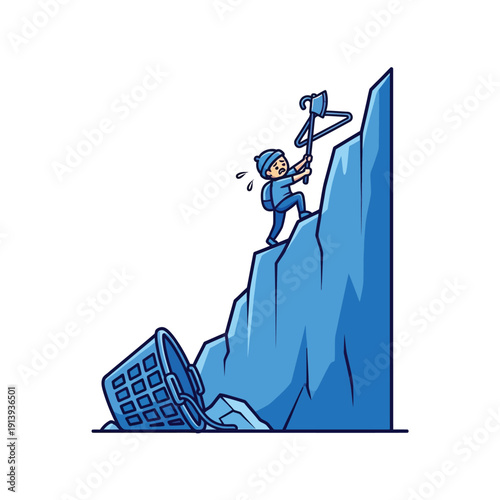 Effort and Challenge: Cartoon Climber Struggling Up a Steep Mountain Using a Broken Basket Handle as an Ice Axe, Isolated Vector Illustration