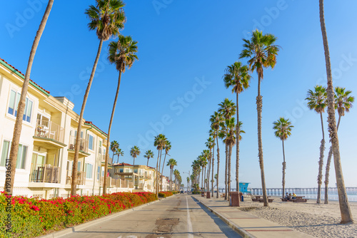Obraz na płótnie Oceanside California Coastal Strand with Palm Trees and Beachfront Homes