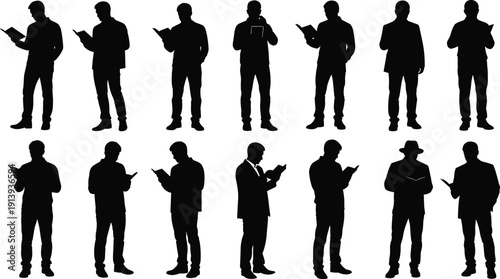 Male Silhouette Set with Men Standing and Reading Books Documents or Tablets for Education Business Knowledge Study and Professional Research Icons