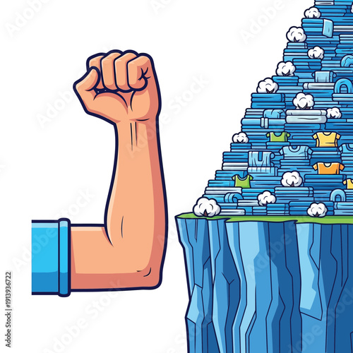 Powerful Arm Fist Next to Massive Laundry Mountain. Concept of Tackling Overwhelming Household Chores and Domestic Work.