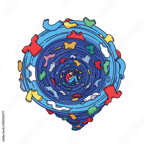 Illustration of a person trapped inside a swirling clothes vortex, symbolizing laundry stress, consumerism, fast fashion, and feeling overwhelmed by clutter.