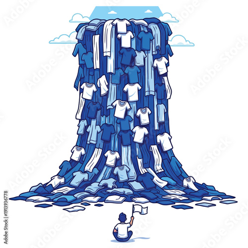 Overwhelming Laundry Pile Concept: Man Surrenders to a Tsunami of Clothes. Household Chore Burden and Textile Consumption Stress Illustration.