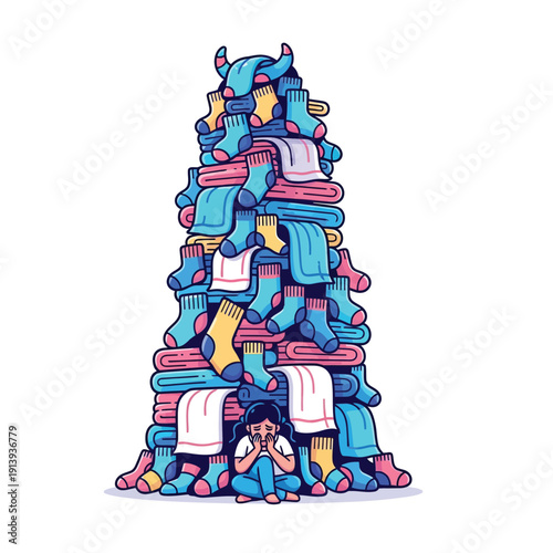 Overwhelmed by Laundry Chores: Cartoon illustration of a stressed person buried under a massive, towering pile of folded clothes and socks. Household burden concept.