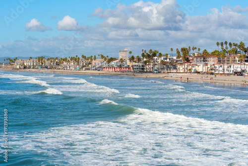 Fotografi Oceanside Beach California Coastline Scenic View with Waves and Palms