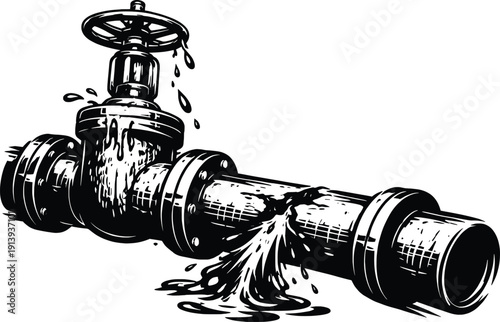 Leaking Water Pipe Valve Industrial Plumbing Illustration.