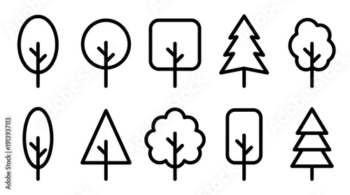 Set of ten minimalist tree icons in a simple black line art style, featuring various geometric shapes like circles, squares, and triangles for nature and forest concepts