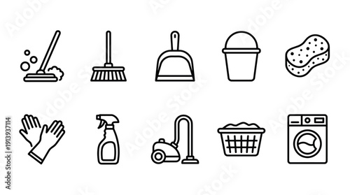 Set of black line icons representing cleaning supplies and household chores, including a mop, broom, vacuum cleaner, laundry basket, and washing machine in a minimalist vector style
