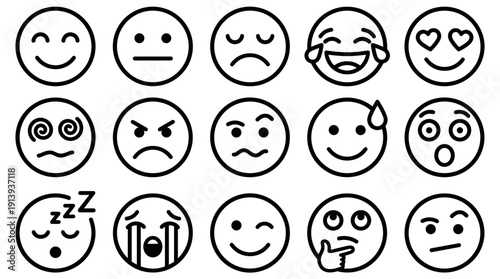 Large collection of black line art emoticons showing various facial expressions like happy, sad, angry, and laughing in a simple, minimalist graphic icon set