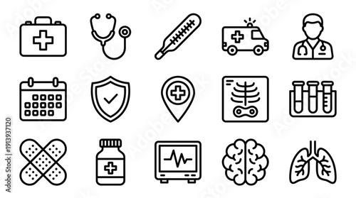 Set of medical and healthcare icons in a simple black line art style, featuring a doctor, ambulance, stethoscope, x-ray, and other symbols for health services