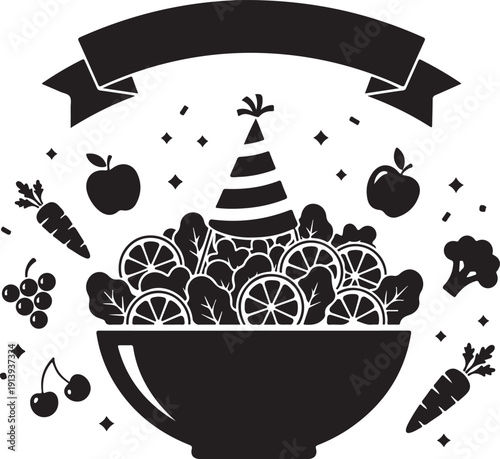 A vibrant bowl of fresh salad with fruits and vegetables, topped with a festive party hat