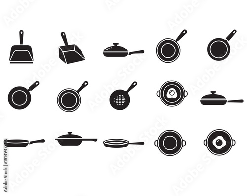 Kitchenware Icon Set - Frying Pan and Cookware Vector Silhouettes for Culinary and Food Design