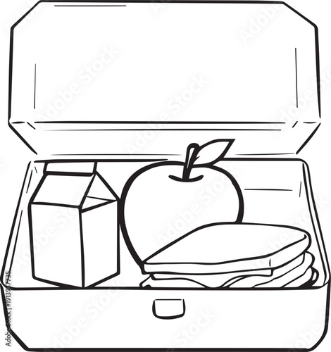 Lunchbox illustration with milk carton apple layered sandwich nutrition school work meal planning food education vector design