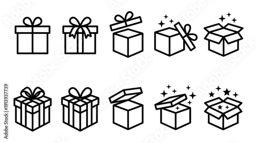 Set of black line gift box icons showing various stages from closed with a bow to open with sparkles, presented in a clean, minimalist, and graphic vector illustration style