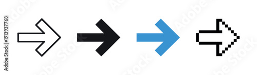 Four different right arrow vector icons presented in a row, featuring line art, silhouette, flat color, and retro 8-bit pixel art styles for digital navigation