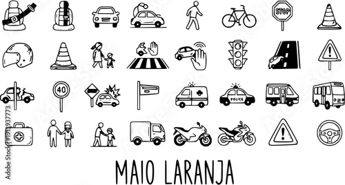 Hand-Drawn Black and White Line Art Automotive and Road Safety Icons. Doodle Collection of Traffic, Driving, and Transportation Elements.