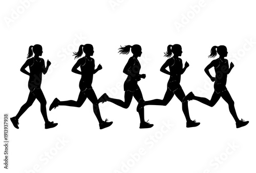 Female marathon runner silhouettes vector set in dynamic running poses for sports and fitness illustrations