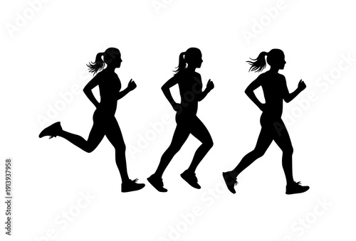 Side profile female marathon runner silhouettes vector illustration for sports and wellness projects