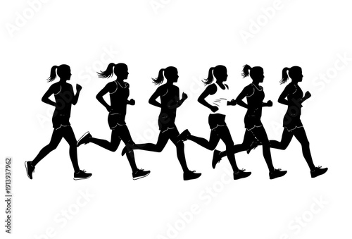 Female marathon runner silhouettes vector set in dynamic running poses for sports and fitness illustrations
