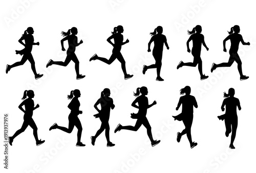 Vector set of female runners in marathon poses silhouettes for athletic and fitness designs