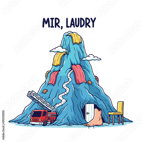 Gigantic Laundry Mountain Pile Vector Illustration - Surreal Cartoon of Overwhelming Household Chores, Cleaning Task Difficulty, and Mess Management