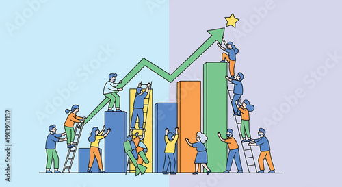 Business team building growth chart success teamwork strategy achievement flat vector illustration
