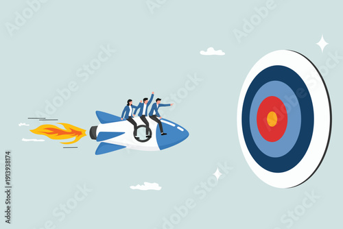 Team target achievement, reaching goal or success, teamwork strategy, challenge or aspiration to win together, leadership to lead team concept, businesspeople riding rocket to reach target bullseye.