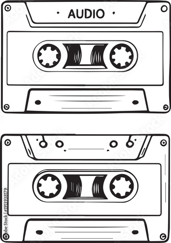 Retro audio cassette tape illustration set with spools reels screw holes nostalgic analog music storage vintage line art vector design