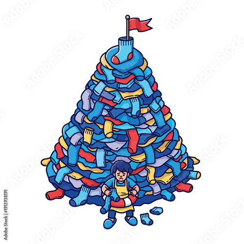 Overwhelmed by Laundry: Cartoon Illustration of a Small Person Facing a Huge Sock Mountain Pile with a Flag on Top
