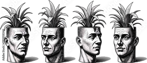 Human head planter with growing plant conceptual mind nature connection vintage engraving style vector illustration set