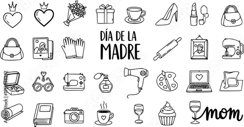 Black and White Line Art Icons of Mother's Day Gifts and Symbols