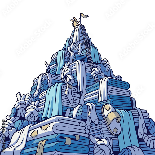 Overwhelming Laundry Mountain: Cartoon Illustration of a Huge Pile of Clothes and Towels, Symbolizing Never-Ending Chores and Task Completion Success