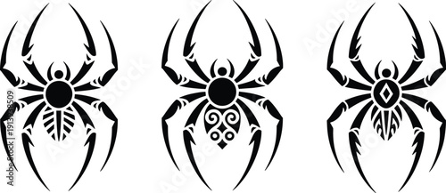 Tribal spider icons collection with sharp legs and ornamental bodies, black symbols isolated on white background vector