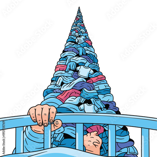 Buried Under Laundry: Overwhelmed Person Trapped in Bed by a Giant Towering Pile of Clothes. Conceptual Clutter and Mess Illustration.