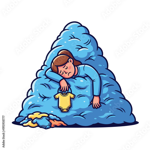 Extreme exhaustion and parental burnout: Tired mother sleeping on a mountain of baby laundry and overwhelming chores.