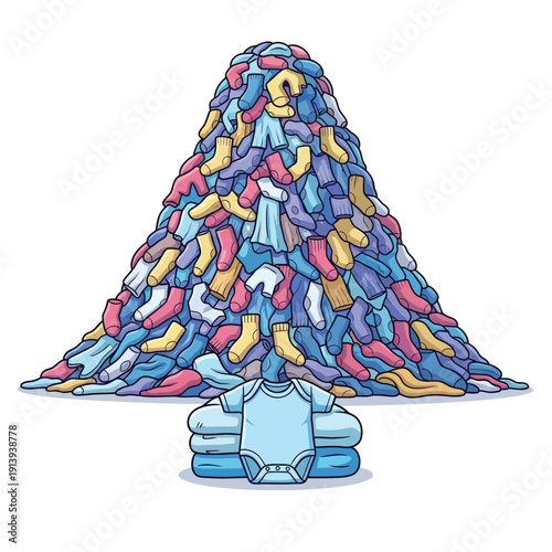 Overwhelming Pile of Dirty Laundry and Socks contrasted with a stack of clean, folded Baby Clothes