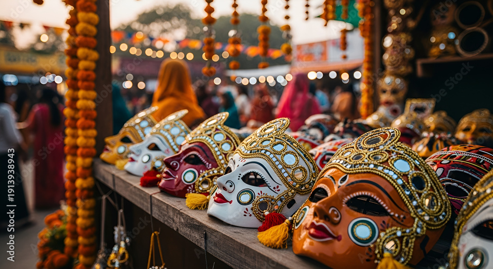 Fototapeta premium Colorful masks displayed for sale at a market during a festival in India with many people walking around enjoying the celebration in the evening light