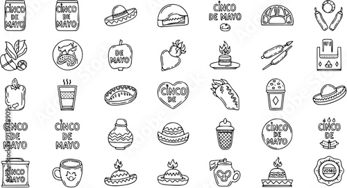 Hand-drawn Black and White Line Art Icons Set for Cinco de Mayo Celebration, Mexican Culture, and Festive Holiday Symbols