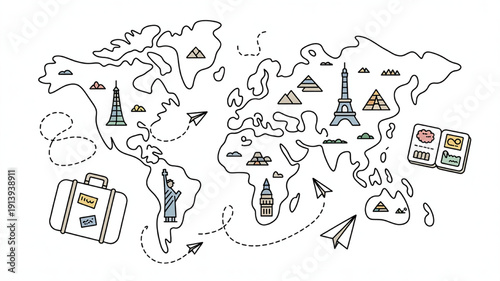 World map illustration with travel icons and landmarks hand-drawn doodle style for vacation planning and global exploration concepts
