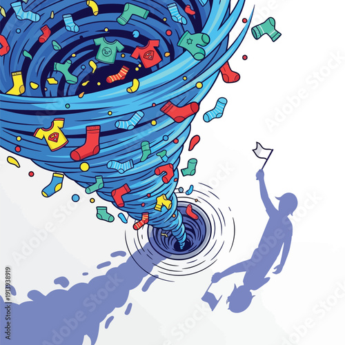 Laundry Vortex Chaos: Cartoon Illustration of Socks and Clothes Swirling into a Drain, Representing Overwhelming Chores and Surrender (White Flag)
